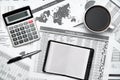 Top view of modern black office desk with notebook, pencil, financial statements and a lot of things. Flat lay table layout Royalty Free Stock Photo