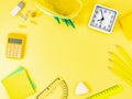 Top view of modern bright yellow office desktop with school supp Royalty Free Stock Photo