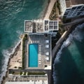 Top view on modern building with pool on roof. Sea waves around. Hotel concept. AI generative