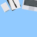 Top view of modern business office workspace background. Flat Illustration of office desk with laptop, digital devices and notepad Royalty Free Stock Photo