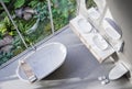 Top view of modern contemporary loft style bathroom with tropical style nature view 3d render Royalty Free Stock Photo