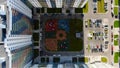 Top view of modern landscape of Playground in residential area. Motion. Colorful Playground with benches for recreation Royalty Free Stock Photo