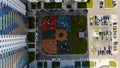 Top view of modern landscape of Playground in residential area. Motion. Colorful Playground with benches for recreation Royalty Free Stock Photo