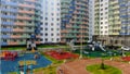 Top view of modern landscape of Playground in residential area. Motion. Colorful Playground with benches for recreation Royalty Free Stock Photo