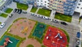 Top view of modern landscape of Playground in residential area. Motion. Colorful Playground with benches for recreation Royalty Free Stock Photo