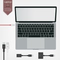 Top view of modern laptop with USB type C connectors isolated on white background. Royalty Free Stock Photo