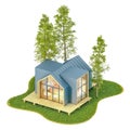 Top view of a modern small wooden tiny house in the Scandinavian style born with a metal roof on an island with a green lawn and