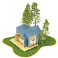 Top view of a modern small wooden tiny house in the Scandinavian style born with a metal roof on an island with a green lawn and