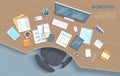 Top view of modern stylish wooden desk in office, chair, office supplies, documents. Business workplace.