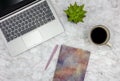 Top View of Modern Work Desk with Laptop, Black Coffee, Notepad and Small Succulent Plant