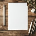 Top view of modern workplace with blank paper sheet, pencils and flowers. Mock up, 3D Rendering