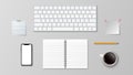 Top view of modern workplace, keyboard coffee paper note pencil on the white background and copy space for text, business concept