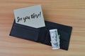 Top view of money banknote, wallet and memo note written with SEE YOU THERE Royalty Free Stock Photo