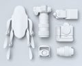 Top view of monochrome designer workspace and photography gear on black table Royalty Free Stock Photo