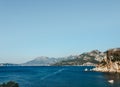 Top view Montenegro Sutomore stones beach blue turquoise Adriatic sea water mountains day Royalty Free Stock Photo