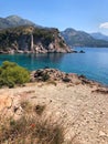 Top view Montenegro Sutomore stones beach blue turquoise Adriatic sea water mountains day Royalty Free Stock Photo