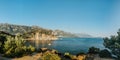 Top view Montenegro Sutomore stones beach blue turquoise Adriatic sea water mountains day Royalty Free Stock Photo