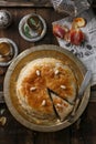 Top view of morrocan pie on copper plate Royalty Free Stock Photo