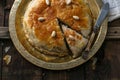 Top view of morrocan pie on copper plate Royalty Free Stock Photo