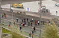 Top view Moscow city active sport cycling festival with group of cyclist people on the embankment Moscow river