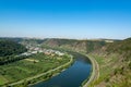 Top view on Mosel river valley and green terraced vineyards, Germany, production of quality white and red wine, riesling