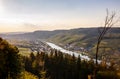 Moselle Landscape vineyards hills and the villages Kindel and Kinheim in the sunset Royalty Free Stock Photo