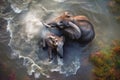 Top view of mother and baby elephant bathing in the River. amazing wild life. Generative Ai