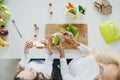 Top view mother daughter preparing school snack lunch home kitchen