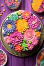 top view of a mothers day cake with colorful icing and decorations