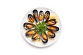 Top View Moules Mariniere On Round Plate On Wihte Backgound