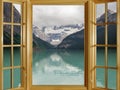 Top View Mountain And Sky With Wonderful River Landscape. View From Interior Window at Home . Royalty Free Stock Photo