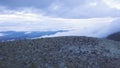 Top view of the mountains with Pyramid of rocks on top. Clip. Towers at the top of mountain from the stones stacked on Royalty Free Stock Photo