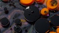 Top view movement of black orange oil ink drops bubbles, multicolored artistic paint background
