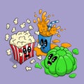 Top view movie night cute popcorn bucket, jelly, and orange juice cup. Royalty Free Stock Photo