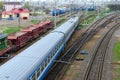 Top view of moving trains on marshalling yard, Gomel, Belarus