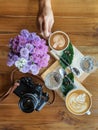 Top view of a mug of coffee with beans. Royalty Free Stock Photo