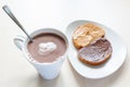 Top view of mug with hot chocolate and toasts Royalty Free Stock Photo