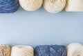 Top view of multi-colored woolen balls of yarn in a row Royalty Free Stock Photo