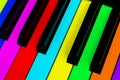 Top view of multicolored piano keys. Close-up of piano keys. Close frontal view. Piano keyboard with selective focus. Top view. Co