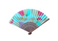 Top view multicolored wooden hand fan with rag isolated on white background Royalty Free Stock Photo