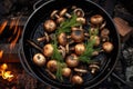 top view of mushrooms sizzling on a charcoal bbq