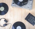 Top view of music player equipment on wooden desk Royalty Free Stock Photo