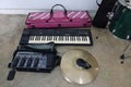 Top view, musical instruments in a box placed in a music practice room, a variety of musical instruments