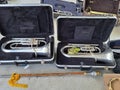 Top view, musical instruments in a box placed in a music practice room, a variety of musical instruments