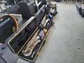 Top view, musical instruments in a box placed in a music practice room, a variety of musical instruments