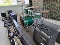 Top view, musical instruments in a box placed in a music practice room, a variety of musical instruments