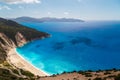 A top view at Myrtos Beach and fantastic azure Ionian Sea water. Aerial view, summer scenery of famous and extremely Royalty Free Stock Photo