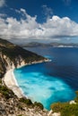 A top view at Myrtos Beach and fantastic turquoise and blue Ionian Sea water. Aerial view, summer scenery of famous and Royalty Free Stock Photo