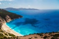 A top view at Myrtos Beach and fantastic turquoise and blue Ionian Sea water. Aerial view, summer scenery of famous and Royalty Free Stock Photo