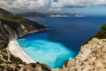 A top view at Myrtos Beach and fantastic turquoise and blue Ionian Sea water. Aerial view, summer scenery of famous and Royalty Free Stock Photo